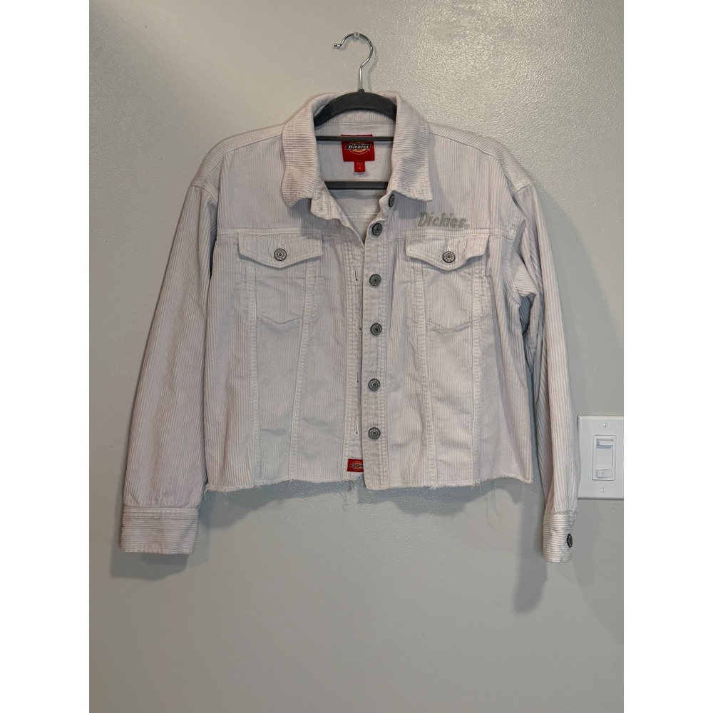 Dickies Womens White Corduroy Crop Trucker Jacket Raw Hem Size M